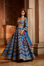 Load image into Gallery viewer, PEACOCK BLUE TAFETTA LEHENGA CHOLI WITH A TULLE DUPATTA AND BELT