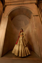 Load image into Gallery viewer, IVORY TAFETTA LEHENGA CHOLI SET WITH A TULLE DUPATTA AND OPTIONAL BANDHEJ SECOND DUPATTA
