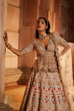 Load image into Gallery viewer, BLUSH PINK RAW SILK LEHENG WITH A PEPLUM TOP AND TULLE DUPATTA