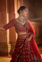 Load image into Gallery viewer, BLOOD RED RAW SILK BRIDAL LEHENGA CHOLI SET WITH TULLE DUPATTA