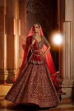Load image into Gallery viewer, BLOOD RED RAW SILK LEHENGA CHOLI AND BELT WITH TULLE DUPATTA WITH AN OPTIONAL LIGHTER SECOND DUPATTA