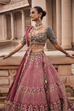 Load image into Gallery viewer, WINE TAFETTA LEHENGA AND BELT WITH NAVY CHOLI AND WINE TISSUE DUPATTA