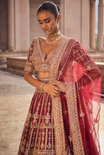 Load image into Gallery viewer, MAROON RAW SILK LEHENGA CHOLI AND WORKED BELT WITH TULLE DUPATTA