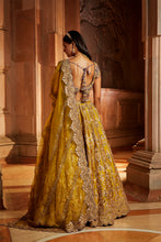 Load image into Gallery viewer, MUSTARD TAFETTA LEHENGA PURPLE CHOLI ORGANZA SET