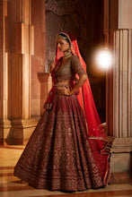 Load image into Gallery viewer, BLOOD RED RAW SILK LEHENGA CHOLI AND BELT WITH TULLE DUPATTA WITH AN OPTIONAL LIGHTER SECOND DUPATTA