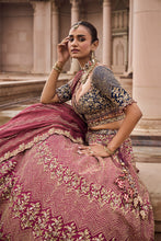 Load image into Gallery viewer, WINE TAFETTA LEHENGA AND BELT WITH NAVY CHOLI AND WINE TISSUE DUPATTA