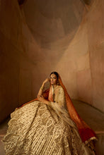 Load image into Gallery viewer, IVORY TAFETTA LEHENGA CHOLI SET WITH A TULLE DUPATTA AND OPTIONAL BANDHEJ SECOND DUPATTA