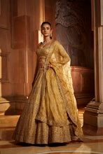 Load image into Gallery viewer, GOLD ORGANZA LEHENGA CHOLI DUPATTA WITH WORKED BELT