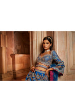 Load image into Gallery viewer, PEACOCK BLUE TAFETTA LEHENGA CHOLI WITH A TULLE DUPATTA AND BELT