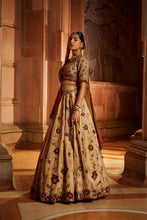 Load image into Gallery viewer, GOLD TISSUE LEHENGA CHOLI AND BELT WITH CONTRASTING RED TULLE DUPATTA AND OPTIONAL GOLD TISSUE SECOND DUPATTA