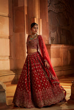 Load image into Gallery viewer, BLOOD RED RAW SILK BRIDAL LEHENGA CHOLI SET WITH TULLE DUPATTA