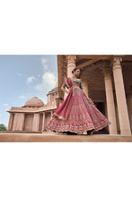 Load image into Gallery viewer, WINE TAFETTA LEHENGA AND BELT WITH NAVY CHOLI AND WINE TISSUE DUPATTA
