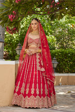 Load image into Gallery viewer, CARDINAL RED RAW SILK LEHENGA