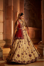 Load image into Gallery viewer, GOLD TISSUE LEHENGA CHOLI AND BELT WITH CONTRASTING RED TULLE DUPATTA AND OPTIONAL GOLD TISSUE SECOND DUPATTA