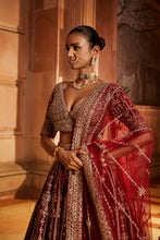 Load image into Gallery viewer, MAROON RAW SILK LEHENGA CHOLI AND WORKED BELT WITH TULLE DUPATTA