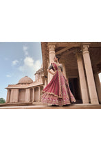 Load image into Gallery viewer, WINE TAFETTA LEHENGA AND BELT WITH NAVY CHOLI AND WINE TISSUE DUPATTA
