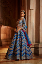 Load image into Gallery viewer, PEACOCK BLUE TAFETTA LEHENGA CHOLI WITH A TULLE DUPATTA AND BELT