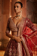 Load image into Gallery viewer, MAROON RAW SILK LEHENGA CHOLI AND WORKED BELT WITH TULLE DUPATTA