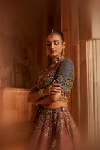 Load image into Gallery viewer, WINE TAFETTA LEHENGA AND BELT WITH NAVY CHOLI AND WINE TISSUE DUPATTA
