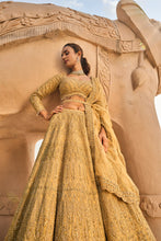 Load image into Gallery viewer, GOLD ORGANZA LEHENGA CHOLI DUPATTA WITH WORKED BELT