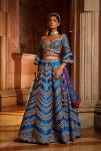 Load image into Gallery viewer, PEACOCK BLUE TAFETTA LEHENGA CHOLI WITH A TULLE DUPATTA AND BELT