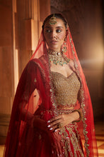 Load image into Gallery viewer, DEEP RED RAW SILK LEHENGA WITH GOLD CHOLI AND TULLE DUPATTA