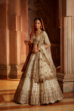 Load image into Gallery viewer, IVORY TAFETTA LEHENGA CHOLI SET WITH A TULLE DUPATTA AND OPTIONAL BANDHEJ SECOND DUPATTA