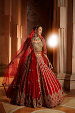 Load image into Gallery viewer, DEEP RED RAW SILK LEHENGA WITH GOLD CHOLI AND TULLE DUPATTA