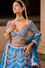 Load image into Gallery viewer, PEACOCK BLUE TAFETTA LEHENGA CHOLI WITH A TULLE DUPATTA AND BELT