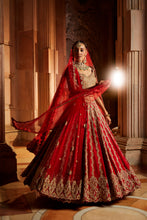 Load image into Gallery viewer, DEEP RED RAW SILK LEHENGA WITH GOLD CHOLI AND TULLE DUPATTA
