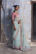 Load image into Gallery viewer, FUCHSIA SEA GREEN ORGANZA SAREE