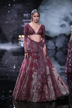 Load image into Gallery viewer, Crystal sheeted choli paired with Embroidered and cutwork edge shimmer tulle dupatta