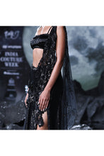 Load image into Gallery viewer, Black Bullion sheeted lycra net Draped Sari set Accentuated with cutwork palla encrusted with crystalline hand embroidery