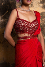 Load image into Gallery viewer, RED GEORGETTE DRAPE SAREE WITH BELT