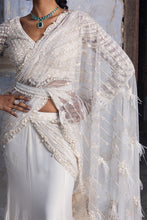 Load image into Gallery viewer, OFF WHITE SHIMMER DRAPE SAREE WITH BELT