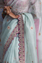 Load image into Gallery viewer, FUCHSIA SEA GREEN ORGANZA SAREE