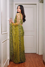 Load image into Gallery viewer, Predraped , mehendi green , hand embroidered net & satin saree