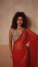 Load image into Gallery viewer, Predraped , red , hand embroidered net & georgette saree with golden blouse