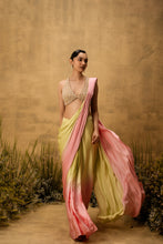 Load image into Gallery viewer, Pastel green & pink ombre pre-draped modal satin saree with embroidered blouse