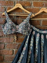 Load image into Gallery viewer, Black Resham and Mirror hand embroidered lehenga set with Blush Pink Dupatta