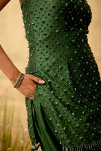 Load image into Gallery viewer, Emerald green hand embroidered chanderi silk suit set with organza dupatta