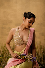 Load image into Gallery viewer, Pastel green & pink ombre pre-draped modal satin saree with embroidered blouse