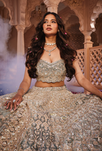 Load image into Gallery viewer, Dusty firoza velvet embroidered lehenga