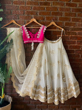 Load image into Gallery viewer, Ivory and Fuchsia Lehenga set with mirror work