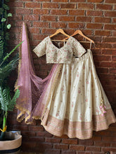 Load image into Gallery viewer, Ivory and Pink Resham and Mirror hand embroidered lehenga set