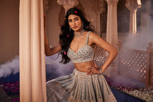 Load image into Gallery viewer, Dusty firoza velvet hand embroidered lehenga