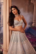 Load image into Gallery viewer, Dusty firoza velvet hand embroidered lehenga