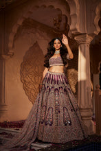 Load image into Gallery viewer, Wine raw silk hand embroidered lehenga