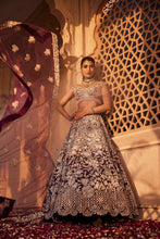 Load image into Gallery viewer, Wine raw silk hand embroidered lehenga