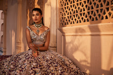 Load image into Gallery viewer, Wine raw silk hand embroidered lehenga
